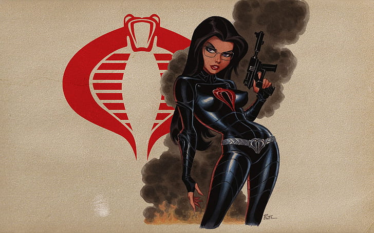 GI Joe Cobra HD, women's black and red suit with rifle poster, cartoon/comic, cobra, joe, gi, HD wallpaper