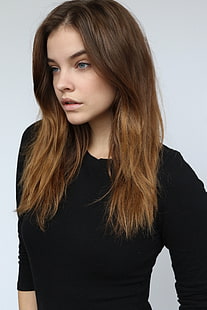 Barbara Palvin, modell, långt hår, brunett, blå ögon, vit bakgrund, enkel bakgrund, öppen mun, svarta kläder, HD tapet HD wallpaper