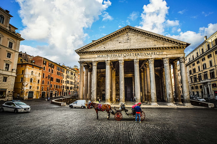 ancient, architecture, building, car, carriage, cathedral, church, city, columns, famous, horse, italy, landmark, monument, morning, pantheon, piazza, police, religion, roman, rome, square, tourism, travel, urban, vacati, HD wallpaper