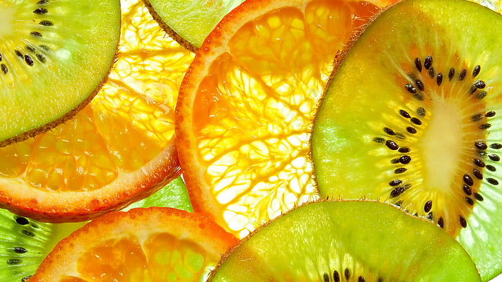 кусочки киви и апельсина, киви, апельсин, фрукты, 5к, HD обои