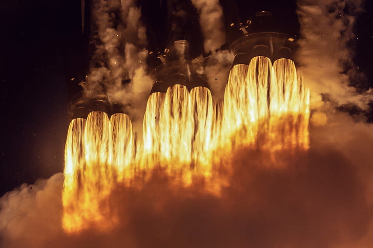 heat, fire, rocket, SpaceX, booster, Falcon Heavy, Elon Musk, HD wallpaper