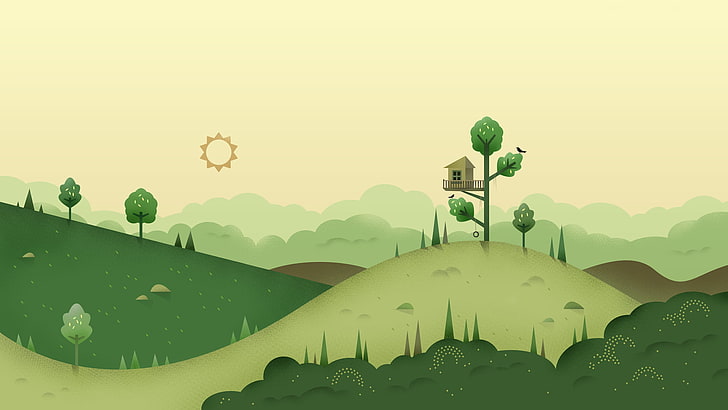 зеленые и коричневые горные иллюстрации, цифровое искусство, минимализм, природа, холмы, деревья, солнце, птицы, дом, HD обои