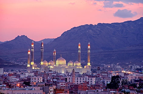 المدن ، صنعاء ، مسجد الصالح ، غروب الشمس ، اليمن، خلفية HD HD wallpaper
