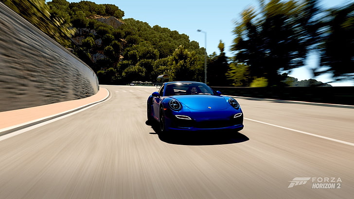 블루와 블랙 컨버터블 쿠페, 포르자 호라이즌 2, 포르쉐 911 터보, 블루 카, HD 배경 화면