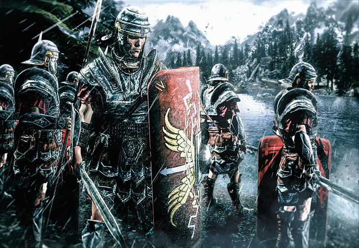 ファンタジー、戦士、鎧、雨、ローマ軍団、盾、剣、 HDデスクトップの壁紙