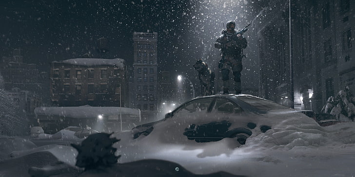 човек, който държи илюстрация на пушка, зима, произведение на изкуството, войник, град, HD тапет