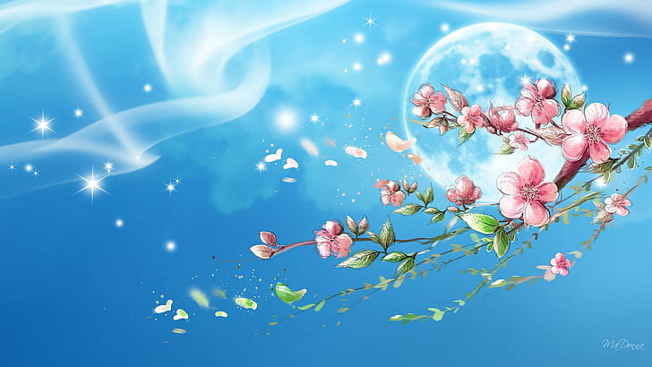 Sakura Sky, firefox persona, full moon, stars, cherry blossoms, smoke, sakura, blue, petals, japan, 3d and abs, HD wallpaper