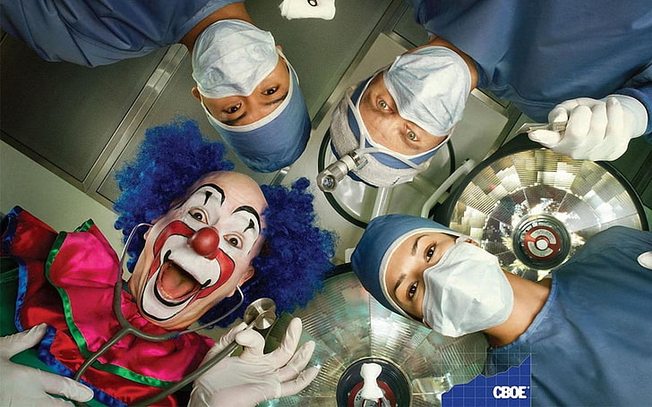 clown and three surgeons, clowns, doctors, humor, dark humor, HD wallpaper