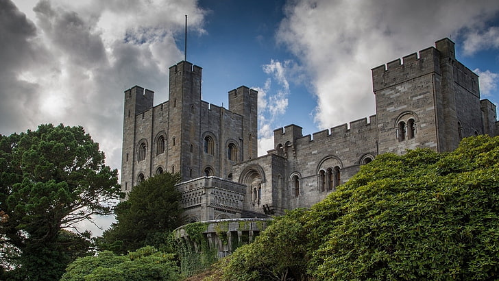 nature, landscape, architecture, castle, tower, trees, Wales, UK, clouds, arch, HD wallpaper