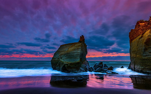 Waikiki Beach, Nueva Zelanda, formación rocosa marrón, rocas, Nueva Zelanda, el mar, el atardecer, el mar de Tasmania, Taranaki, el mar de Tasmania, la playa de Waikiki, Fondo de pantalla HD HD wallpaper