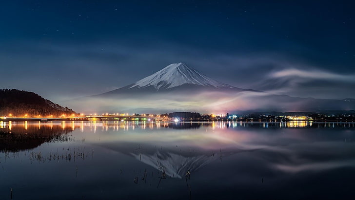 富士、アジア、川口、夕暮れ、山梨、街の明かり、闇、富士山、夜、穏やか、反射、富士山、湖、水、日本、湖、地平線、川口湖、空、自然、 HDデスクトップの壁紙