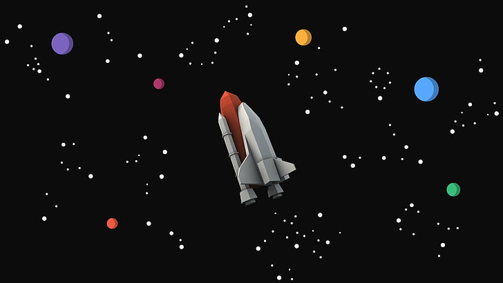 ilustrasi pesawat ruang angkasa abu-abu dan merah, ruang, pesawat ruang angkasa, bintang, minimalis, poli rendah, Wallpaper HD