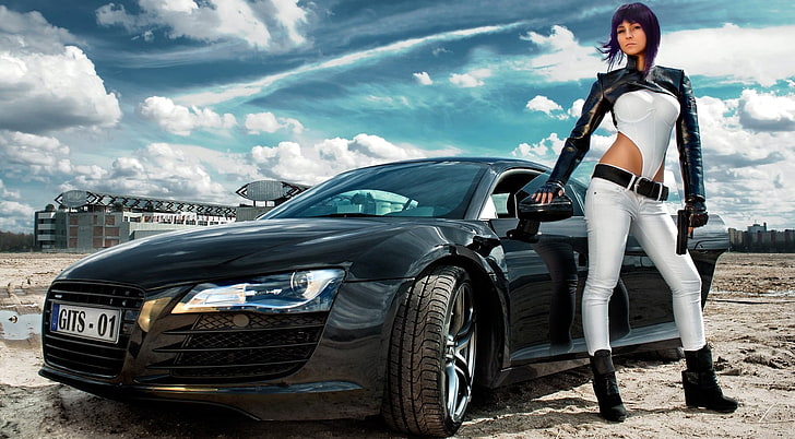 hitam Audi R8 coupe, model, cosplay, Ghost in the Shell, mobil, Wallpaper HD
