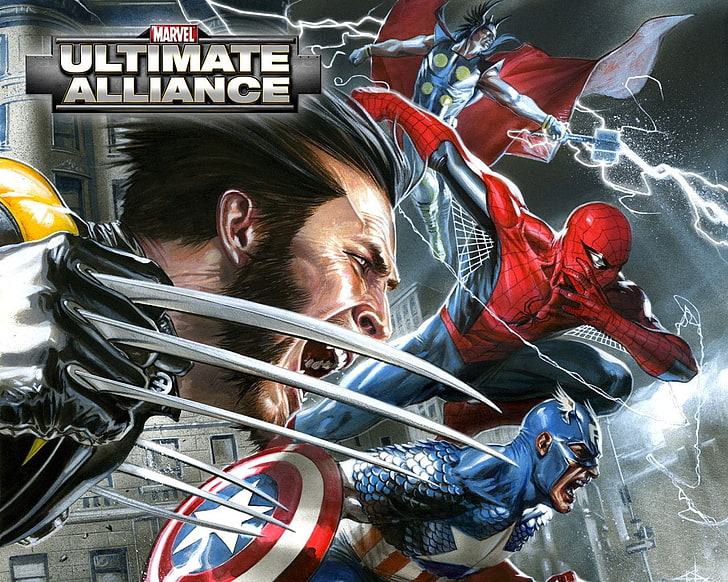 Обои Marvel Ultimate Alliances, Видеоигры, Marvel: Ultimate Alliance, Капитан Америка, Человек-паук, Тор, Росомаха, HD обои