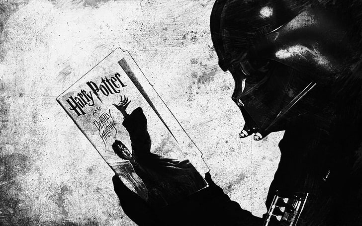 Harry Potter and the Deathly Hallows book illustratioon, Star Wars, Darth Vader, Harry Potter and the Deathly Hallows, humor, Harry Potter, monochrome, mix up, Sith, HD wallpaper