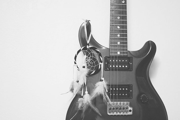 schwarz und weiß, streichinstrument, traumfänger, elektrisch, e-gitarre, unterhaltung, ausrüstung, bund, gitarre, instrument, metall, moderne, einfarbig, musikinstrument, rock, ton, schnur, HD-Hintergrundbild