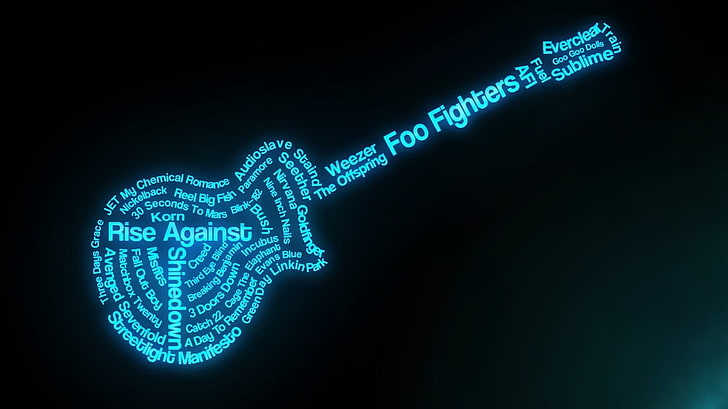 Foo Fighters chmura słowa tapeta gitara, muzyka, chmury słów, typografia, gitara, zespoły rockowe, cyjan, Tapety HD