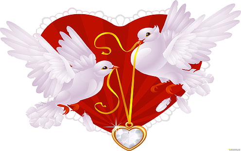 Dos palomas blancas y corazón dorado, Fondo de pantalla HD HD wallpaper