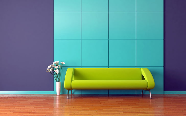 green leather sofa, design, style, creative, wall, home, floor, apartment, sofas, apartments, HD wallpaper