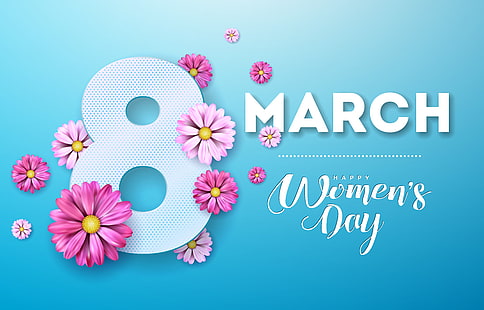 kwiaty, różowy, szczęśliwy, 8 marca, niebieskie tło, dzień kobiet, 8 marca, Tapety HD HD wallpaper