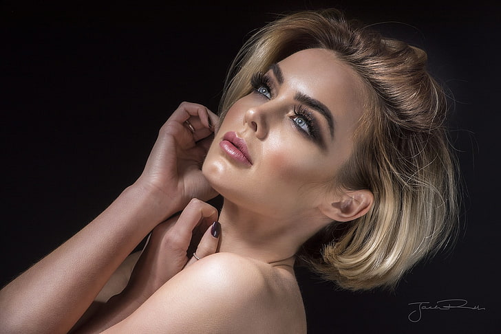 Rosie Robinson, blonde, face, portrait, black background, simple background, Jack Russell, women, painted nails, model, makeup, HD wallpaper