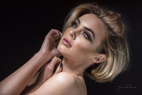Rosie Robinson, blonde, face, portrait, black background, simple background, Jack Russell, women, painted nails, model, makeup, HD wallpaper HD wallpaper