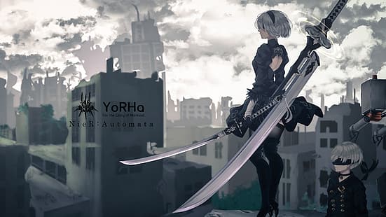 Anime, Anime Girls, Nier: Automata, 2B (Nier: Automata), schwarzes Kleid, fiktive Figur, weißes Haar, NieR, HD-Hintergrundbild HD wallpaper