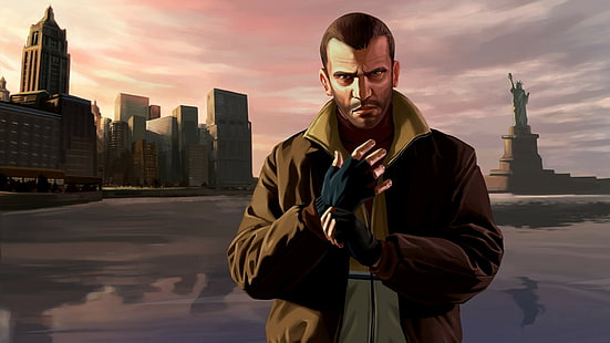 Gta, Grand Theft Auto 4, Niko Bellic, Ville, Statue de la Liberté, Fond d'écran HD HD wallpaper