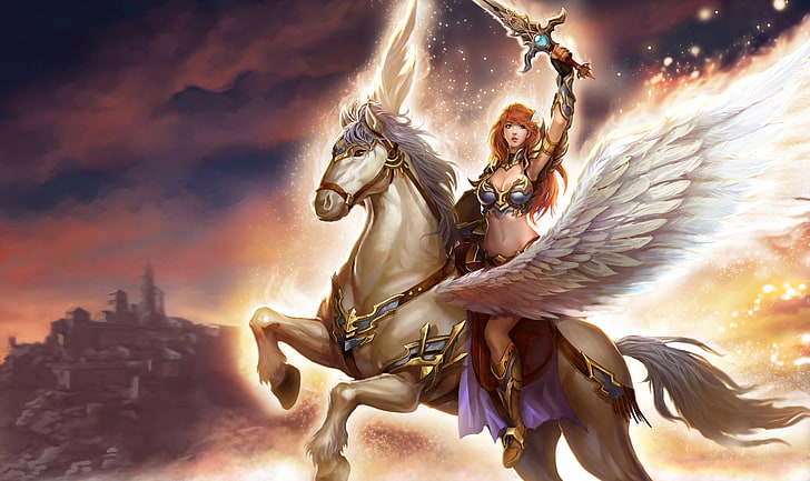 Ангел войн, фентъзи изкуство, момиче, меч, игра, бял кон с крила пегас, Hd тапет, HD тапет
