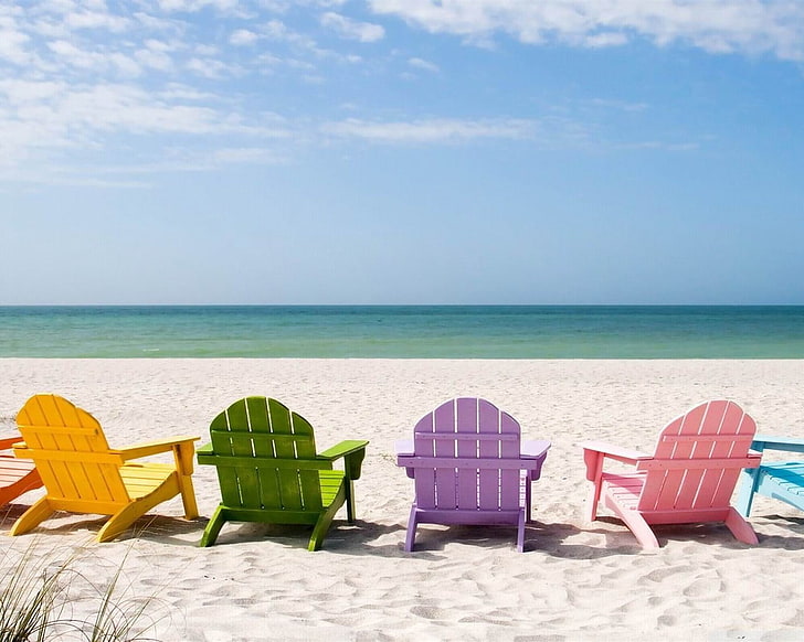 yellow, green, purple, and pink wooden adirondack chairs, deck chairs, sand, beach, HD wallpaper