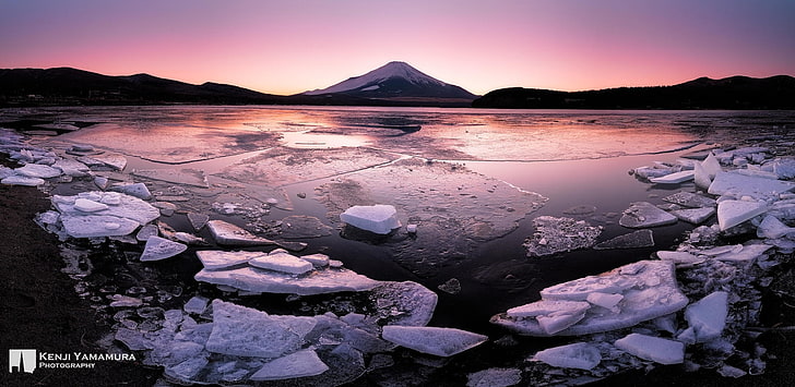 pôr do sol, gelo, Japão, fotógrafo, Kenji Yamamura, Lago Yamanaka, HD papel de parede