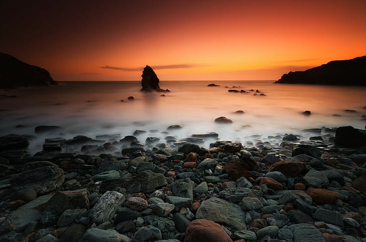 fotografia, natura, paesaggio, tramonto, roccia, acqua, mare, Sfondo HD