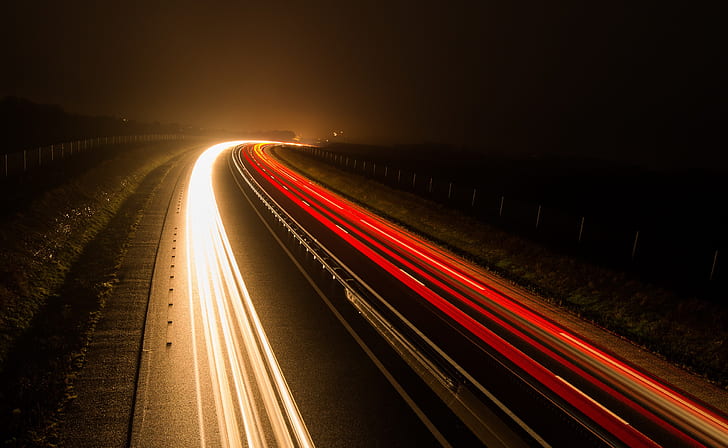carretera, noche, oscuridad, tráfico, larga exposición, senderos de luz, Fondo de pantalla HD