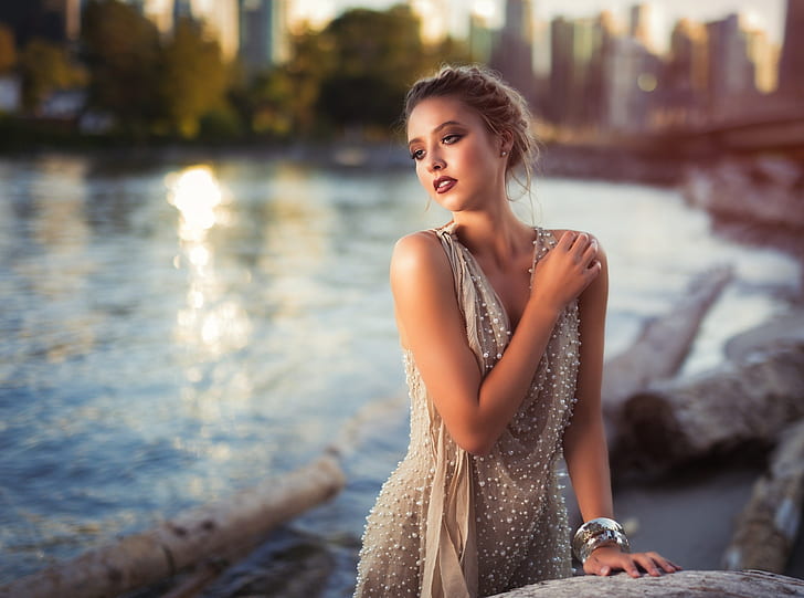 city, girl, twilight, river, dress, photo, sunset, photographer, water, model, lips, face, blonde, portrait, mouth, red lipstick, lipstick, depth of field, clear eyes, bare shoulders, looking away, Kyle Cong, collected hair, HD wallpaper