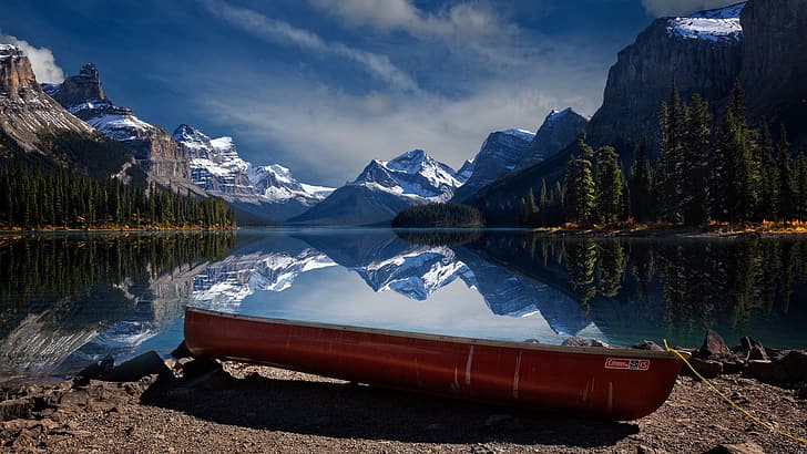 trees, mountains, lake, reflection, stones, shore, boat, Canada, Albert, Jasper, National Park, Maligne Lake, Perry Hoag, Malin, HD wallpaper