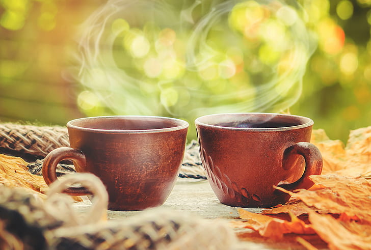 autumn, leaves, plaid, wood, coffee cup, a Cup of coffee, HD wallpaper
