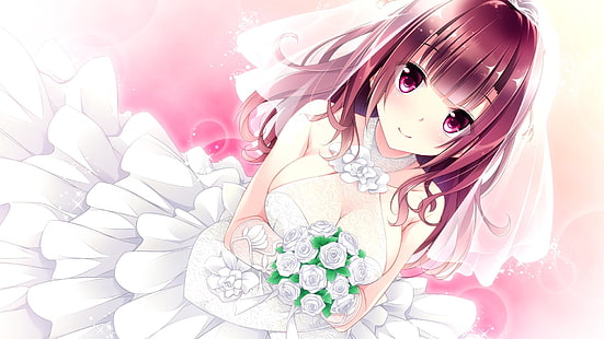 anime, małżeństwo, panny młode, biała sukienka, Tapety HD HD wallpaper