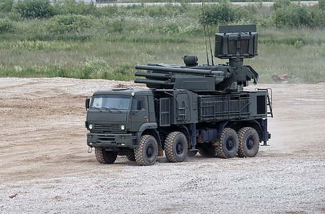 شاحنة عسكرية سوداء ، أسلحة ، مضلع ، روسية ، معقدة ، ذاتية الدفع ، Pantsir-S1 ، صاروخ وبندقية ، مضادة للطائرات ، (Zrpk)، خلفية HD HD wallpaper