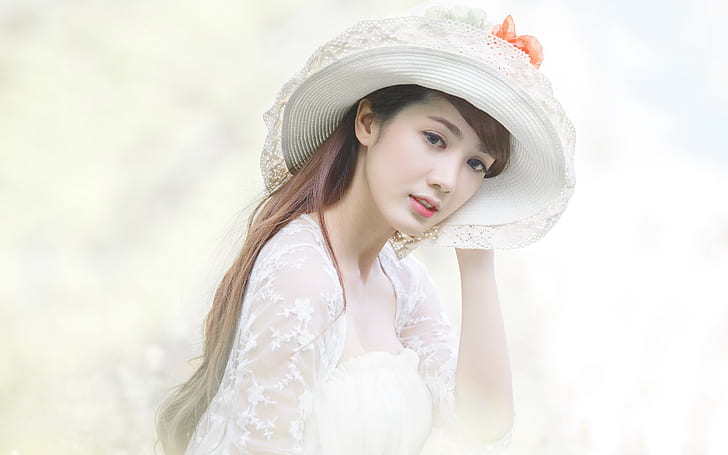 White dress asian girl, hat, White, Dress, Asian, Girl, Hat, HD wallpaper