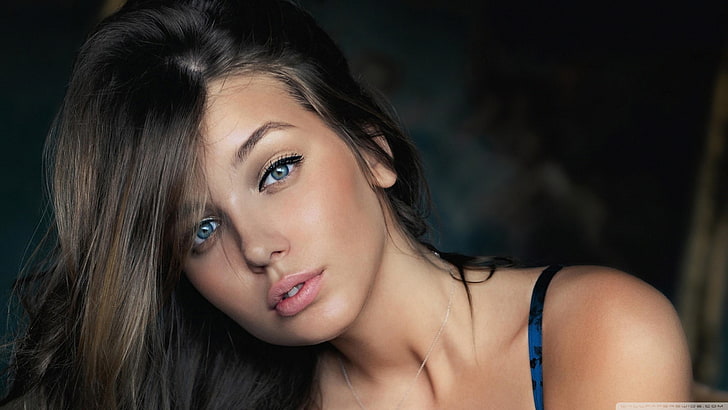 visage de femme, cheveux foncés, yeux bleus, femmes, brune, visage, daria konovalova, modèle, Fond d'écran HD