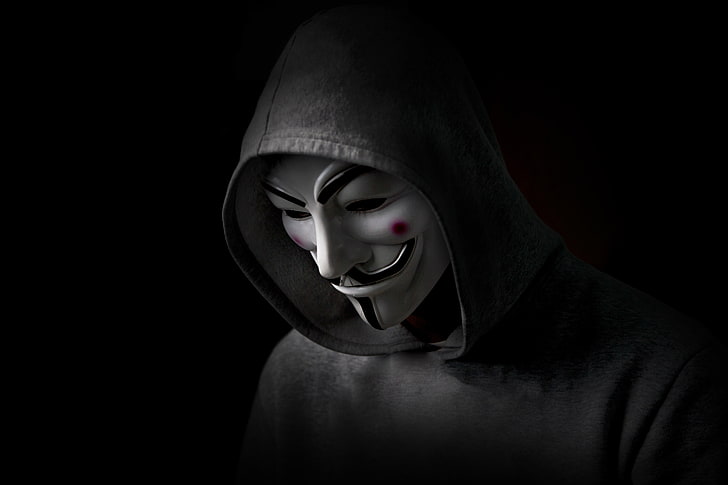 Maschera Guy Fawkes, Vendetta, Nero, Anonimo, Uomo, Cappuccio, Vista, Sfondo HD