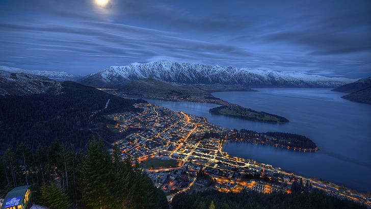 naturaleza, cielo, Queenstown, invierno, montaña, Nueva Zelanda, vista aérea, luz de la luna, lago, fotografía aérea, lago Wakatipu, nieve, noche, Fondo de pantalla HD