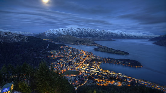 природа, небе, Куинстаун, зима, планина, Нова Зеландия, въздушен изглед, лунна светлина, езеро, въздушна фотография, езеро Уакатипу, сняг, нощ, HD тапет HD wallpaper
