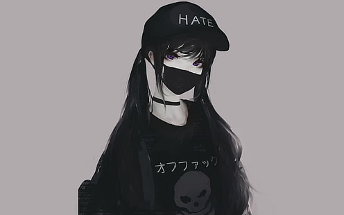 hate-chan, аниме момичета, Aoi Ogata, монохромен, маска за лице, двойни опашки, лилави очи, черна коса, омраза, HD тапет HD wallpaper