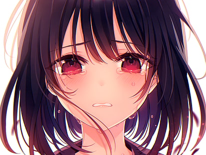 anime, personagens originais, chorando, olhos vermelhos, anime girls, cabelo curto, HD papel de parede HD wallpaper
