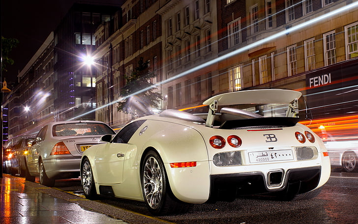 white sports car, night, the city, lights, excerpt, veyron, bugatti, HD wallpaper
