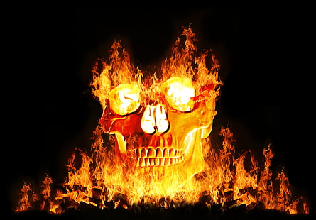 череп, огън, пламък, тъмно, HD тапет HD wallpaper
