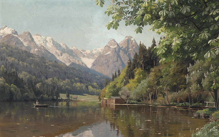 Danish painter, 1913, Peter Merk Of Menstad, Peder Mørk Mønsted, Danish realist painter, Rowing on the lake, Rowing on a lake, HD wallpaper