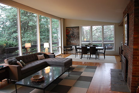 divano componibile grigio trapuntato, interno, design, stile, casa, casa, soggiorno, camino, Sfondo HD HD wallpaper