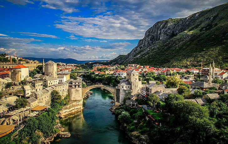 gray concrete arch bridge, landscape, mountains, panorama, Bosnia and Herzegovina, Mostar, the Neretva river, Old Bridge, HD wallpaper